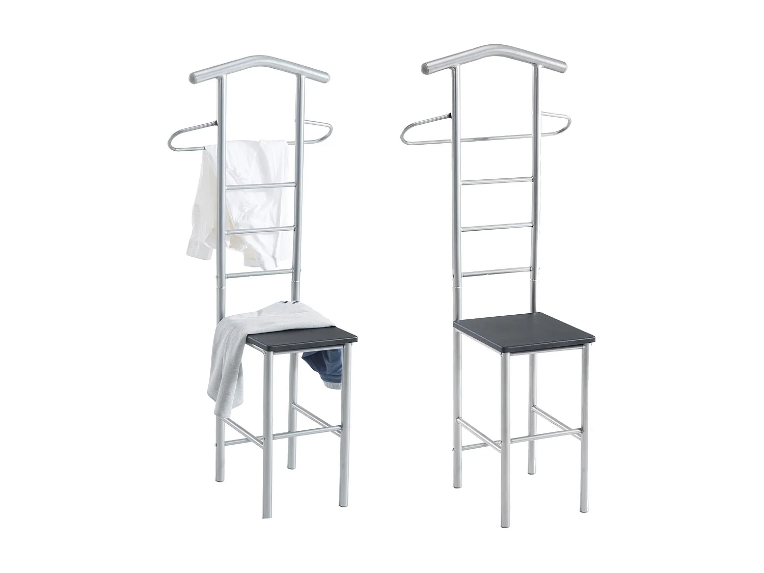 Lot de 2 valets de chambre JIVO chevalets de nuit portants pour vêtements, structure en métal argenté avec tablette en MDF noir mat