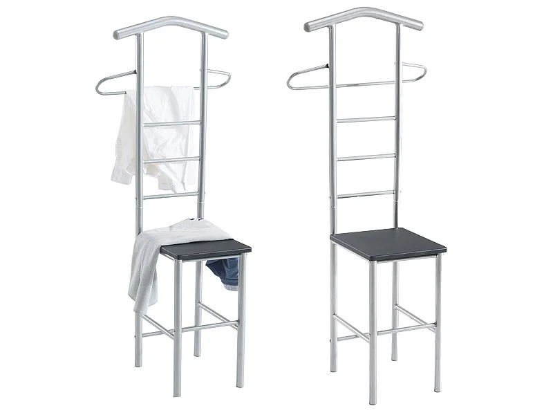 Lot de 2 valets de chambre JIVO chevalets de nuit portants pour vêtements, structure en métal argenté avec tablette en MDF noir mat