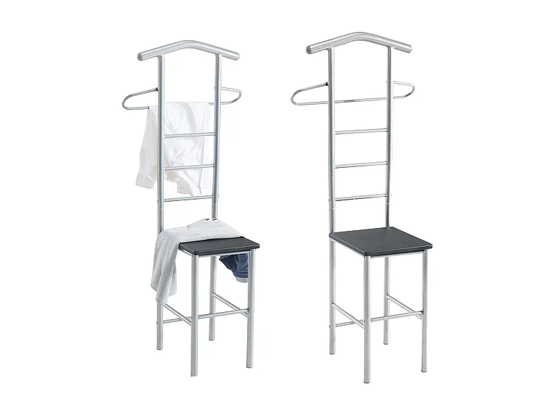 Lot de 2 valets de chambre JIVO chevalets de nuit portants pour vêtements, structure en métal argenté avec tablette en MDF noir mat