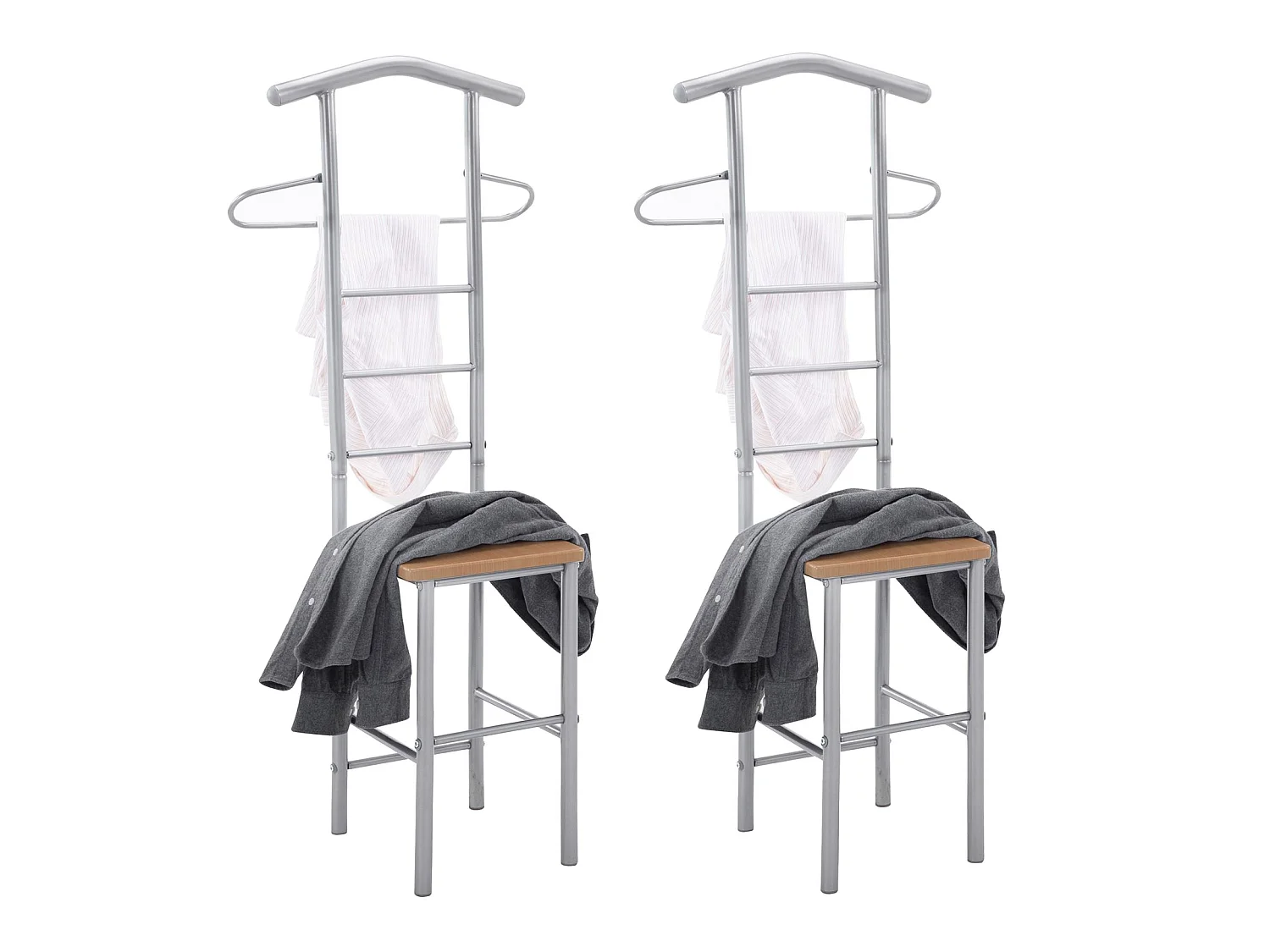 Lot de 2 valets de chambre JIVO chevalets de nuit portants pour vêtements, structure métal argenté avec tablette MDF couleur hêtre