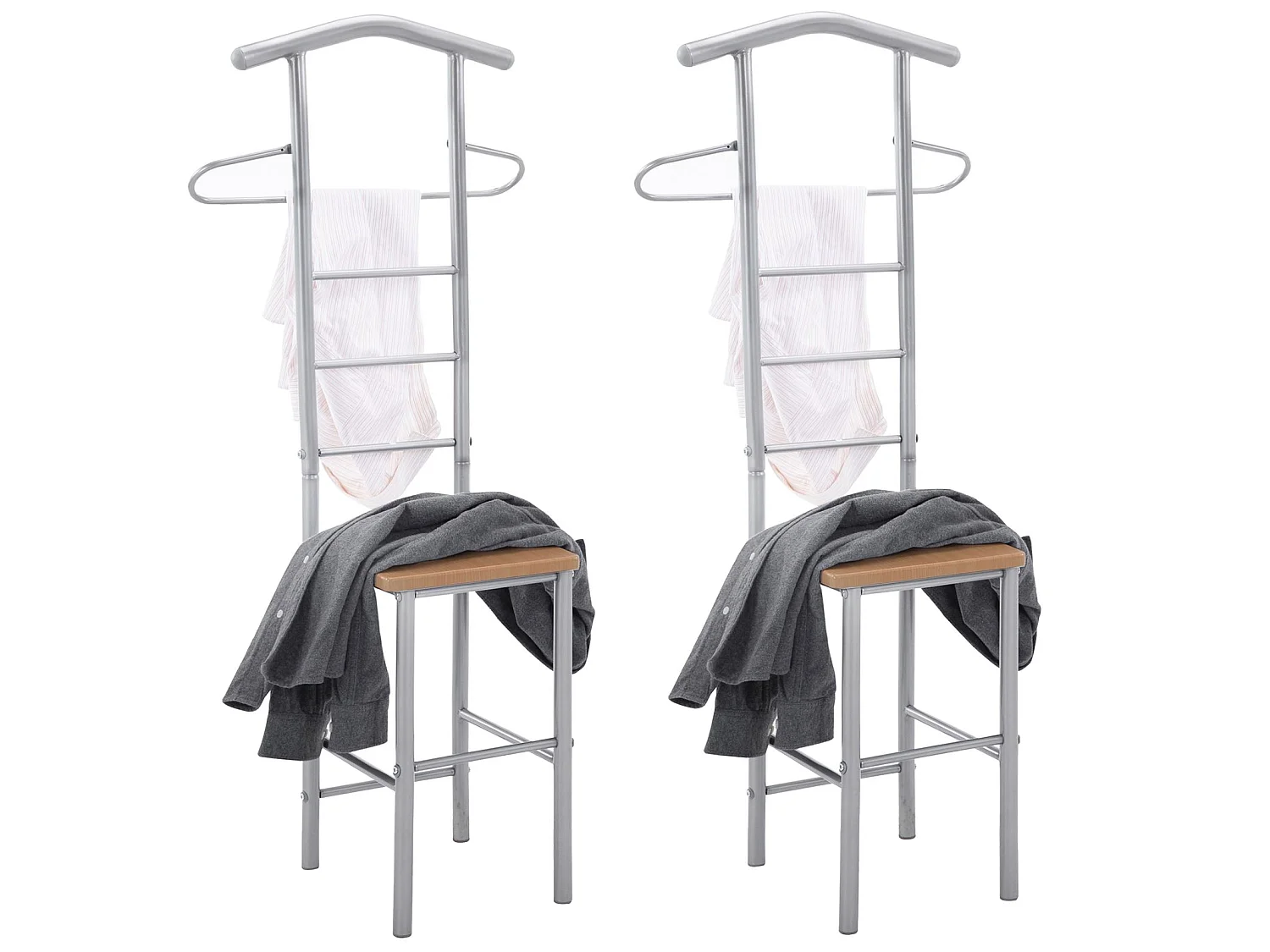 Lot de 2 valets de chambre JIVO chevalets de nuit portants pour vêtements, structure métal argenté avec tablette MDF couleur hêtre