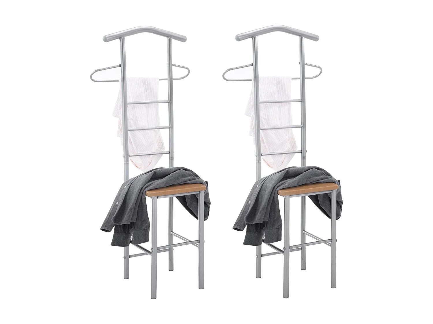 Lot de 2 valets de chambre JIVO chevalets de nuit portants pour vêtements, structure métal argenté avec tablette MDF couleur hêtre
