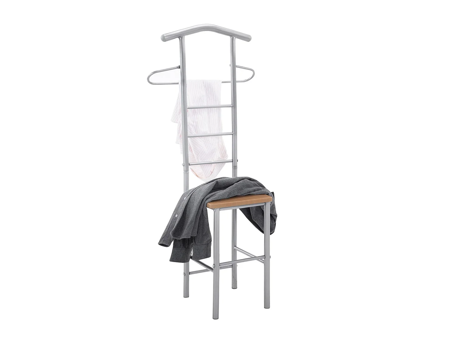 Lot de 2 valets de chambre JIVO chevalets de nuit portants pour vêtements, structure métal argenté avec tablette MDF couleur hêtre