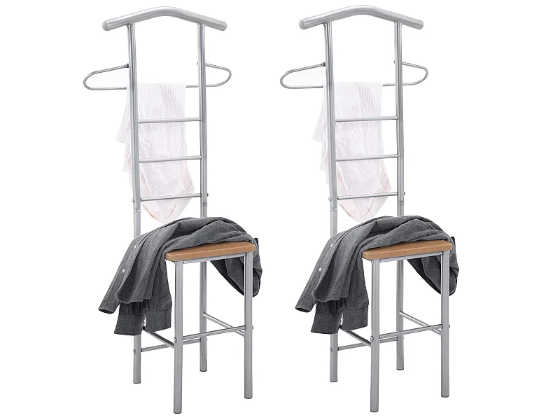 Lot de 2 valets de chambre JIVO chevalets de nuit portants pour vêtements, structure métal argenté avec tablette MDF couleur hêtre