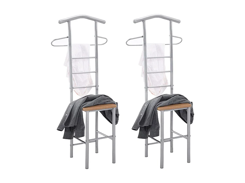 Lot de 2 valets de chambre JIVO chevalets de nuit portants pour vêtements, structure métal argenté avec tablette MDF couleur hêtre