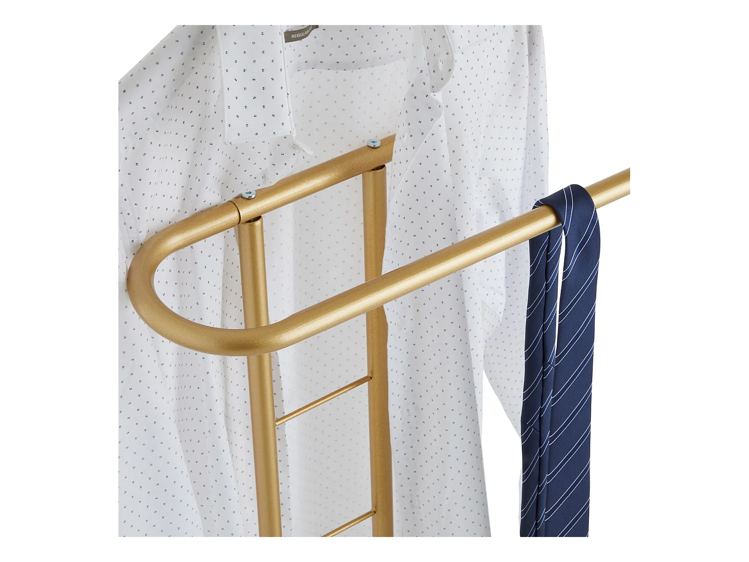 Valet de chambre valet de nuit CAMILO chevalet de nuit avec cintre pour veste et portant pour pantalonts, en métal laqué or