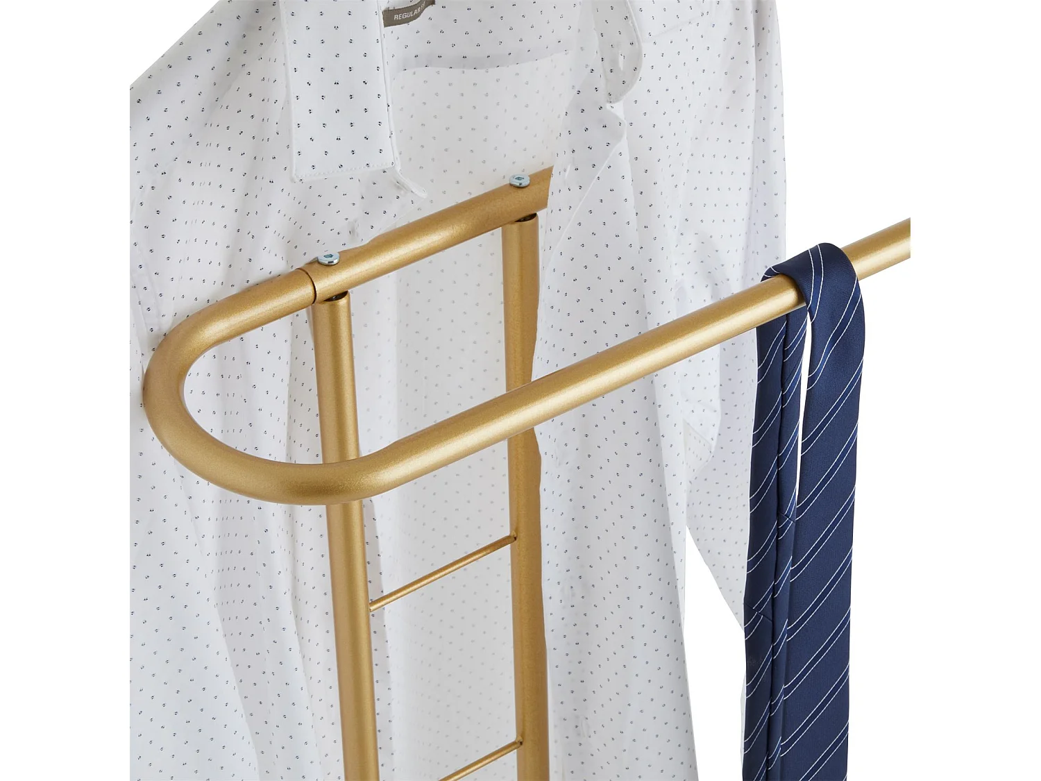 Valet de chambre valet de nuit CAMILO chevalet de nuit avec cintre pour veste et portant pour pantalonts, en métal laqué or