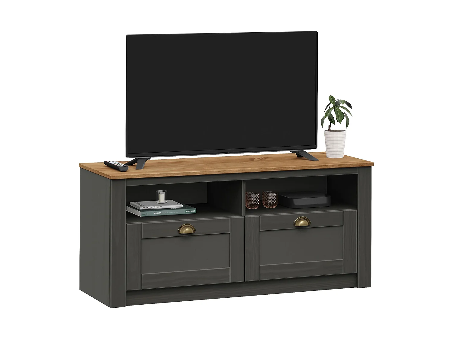 Meuble TV BOLTON 2 tiroirs de rangement, meuble télé design campagne en pin massif anthracite et brun