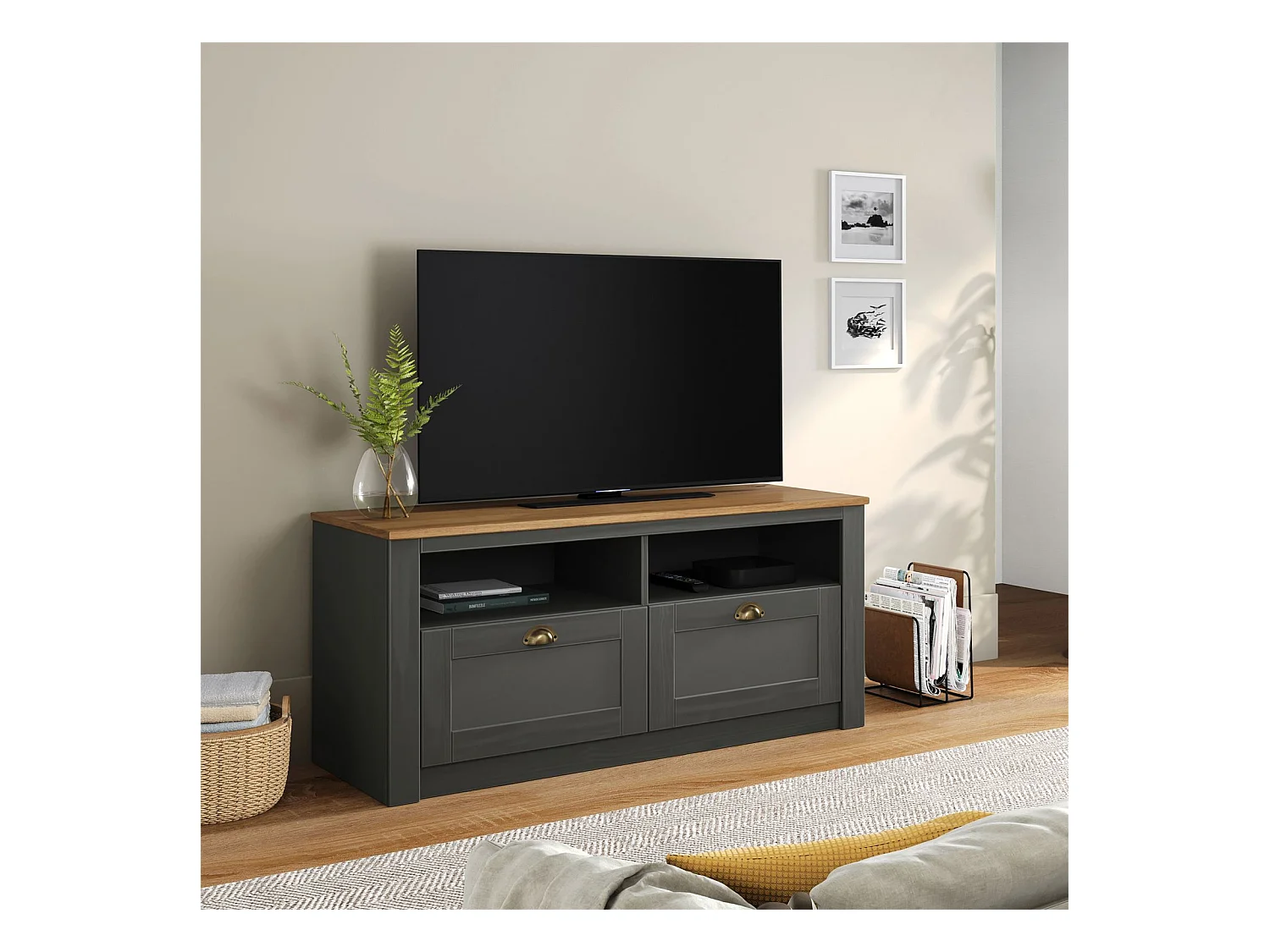 Meuble TV BOLTON 2 tiroirs de rangement, meuble télé design campagne en pin massif anthracite et brun