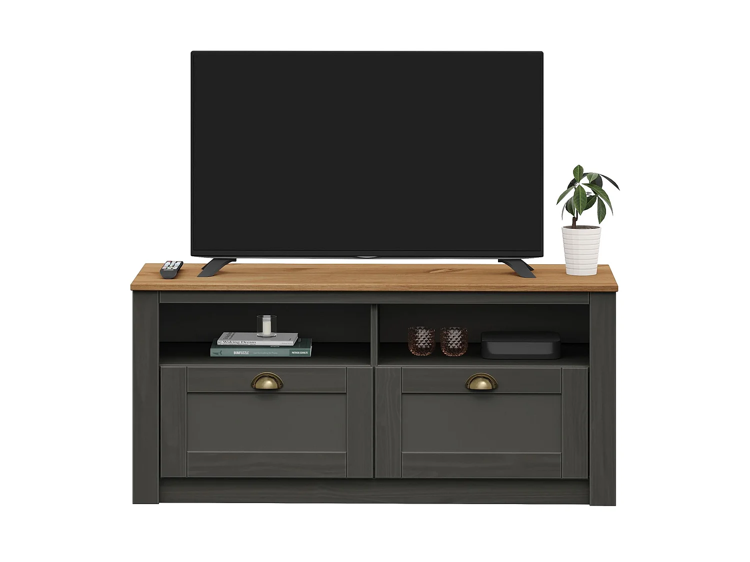 Meuble TV BOLTON 2 tiroirs de rangement, meuble télé design campagne en pin massif anthracite et brun