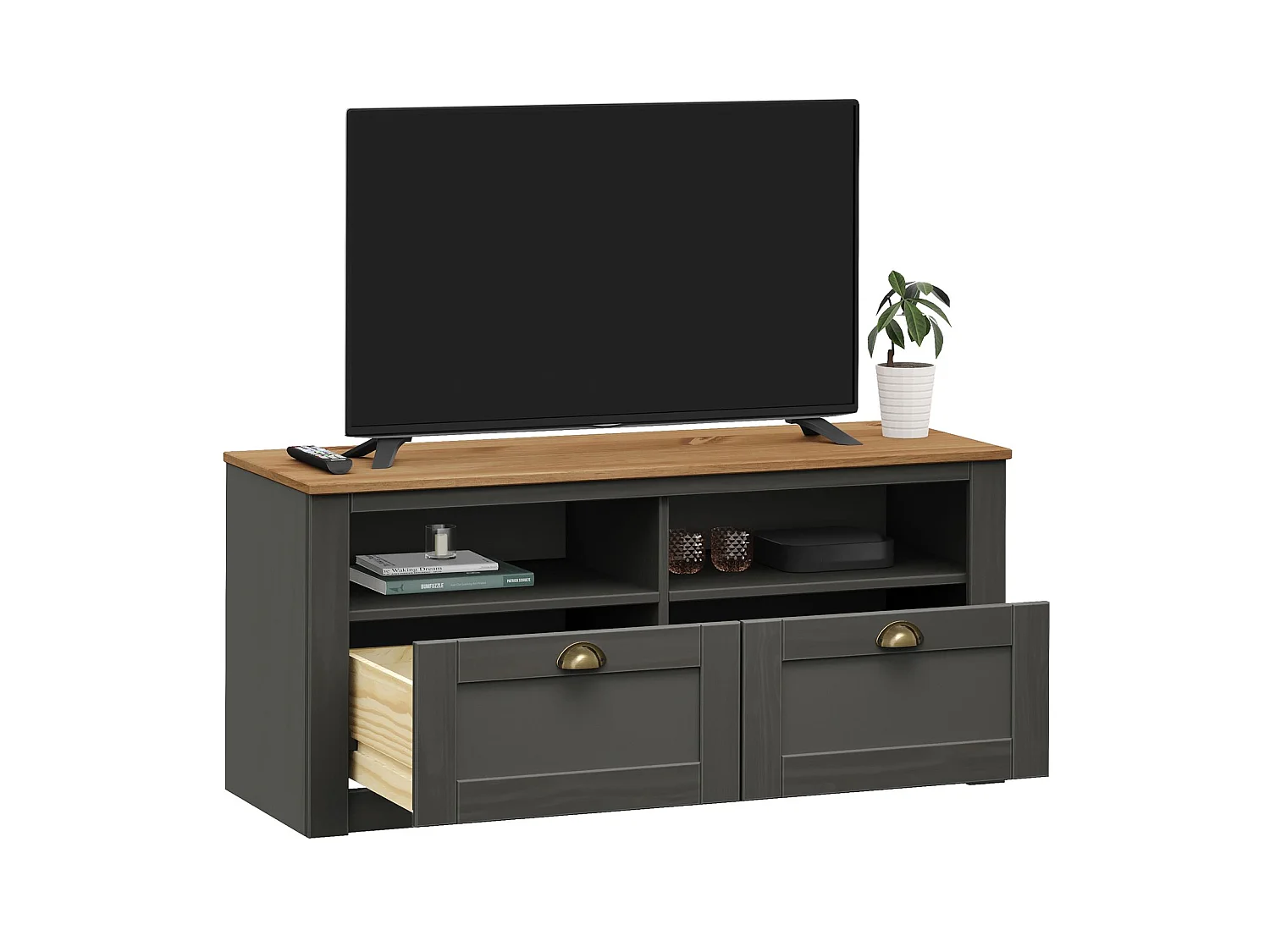 Meuble TV BOLTON 2 tiroirs de rangement, meuble télé design campagne en pin massif anthracite et brun