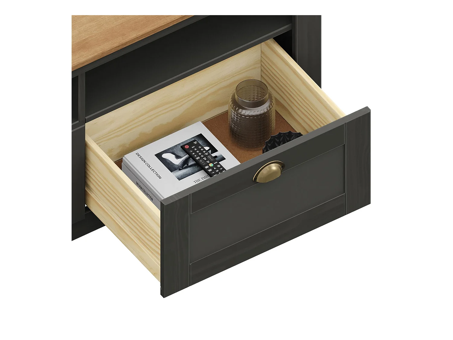 Meuble TV BOLTON 2 tiroirs de rangement, meuble télé design campagne en pin massif anthracite et brun