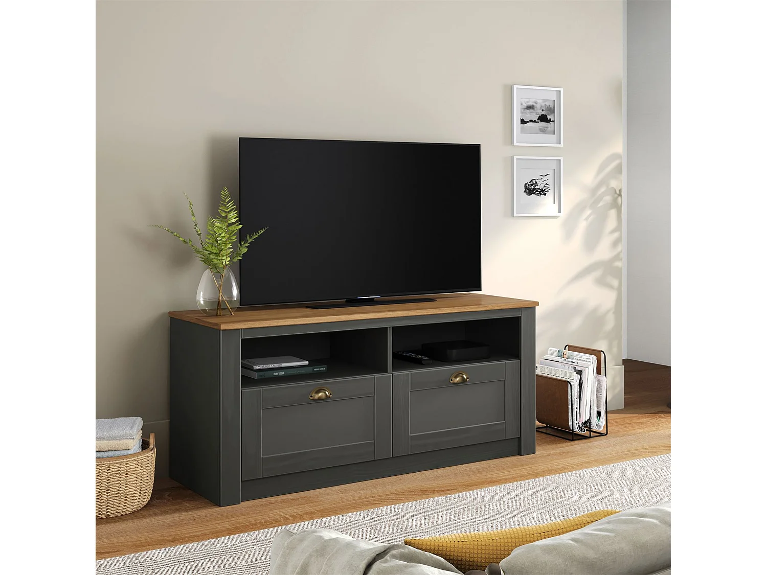 Meuble TV BOLTON 2 tiroirs de rangement, meuble télé design campagne en pin massif anthracite et brun