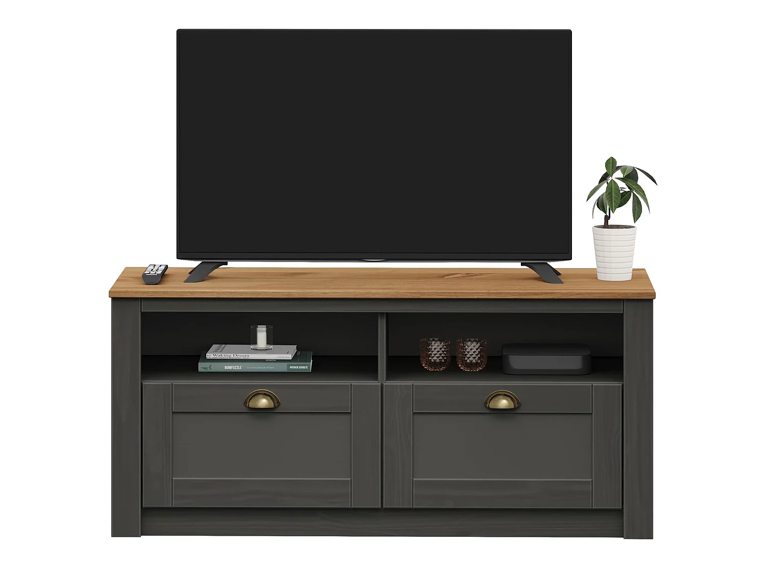 Meuble TV BOLTON 2 tiroirs de rangement, meuble télé design campagne en pin massif anthracite et brun