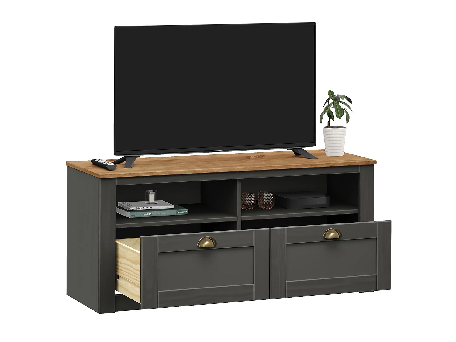 Meuble TV BOLTON 2 tiroirs de rangement, meuble télé design campagne en pin massif anthracite et brun