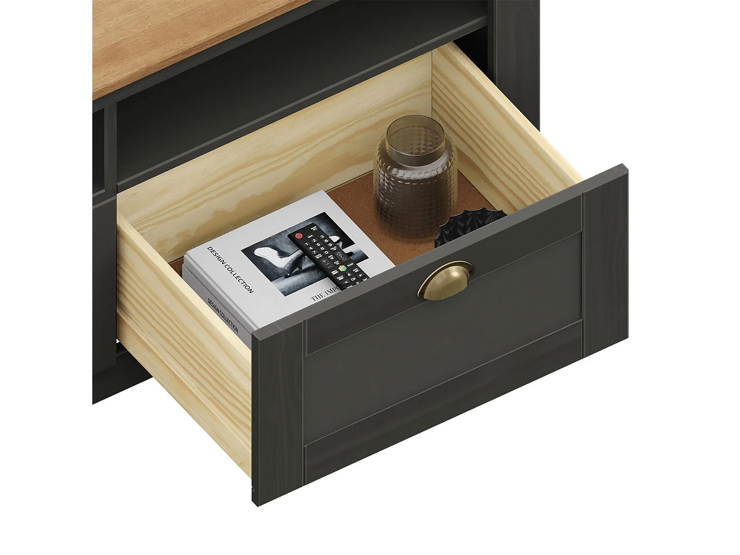 Meuble TV BOLTON 2 tiroirs de rangement, meuble télé design campagne en pin massif anthracite et brun