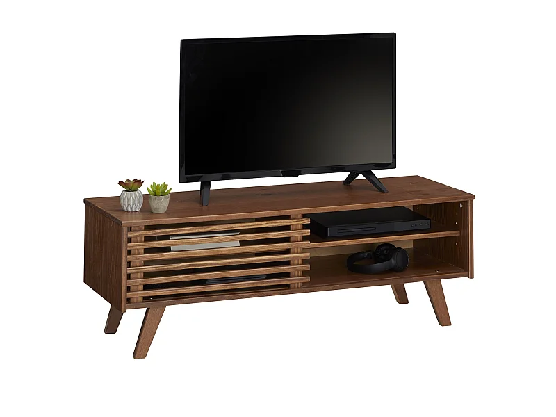 Meuble TV SEAN banc télé de 115 cm au design vintage avec 4 niches et 1 porte coulissante ajourée, en pin massif lasuré brun foncé