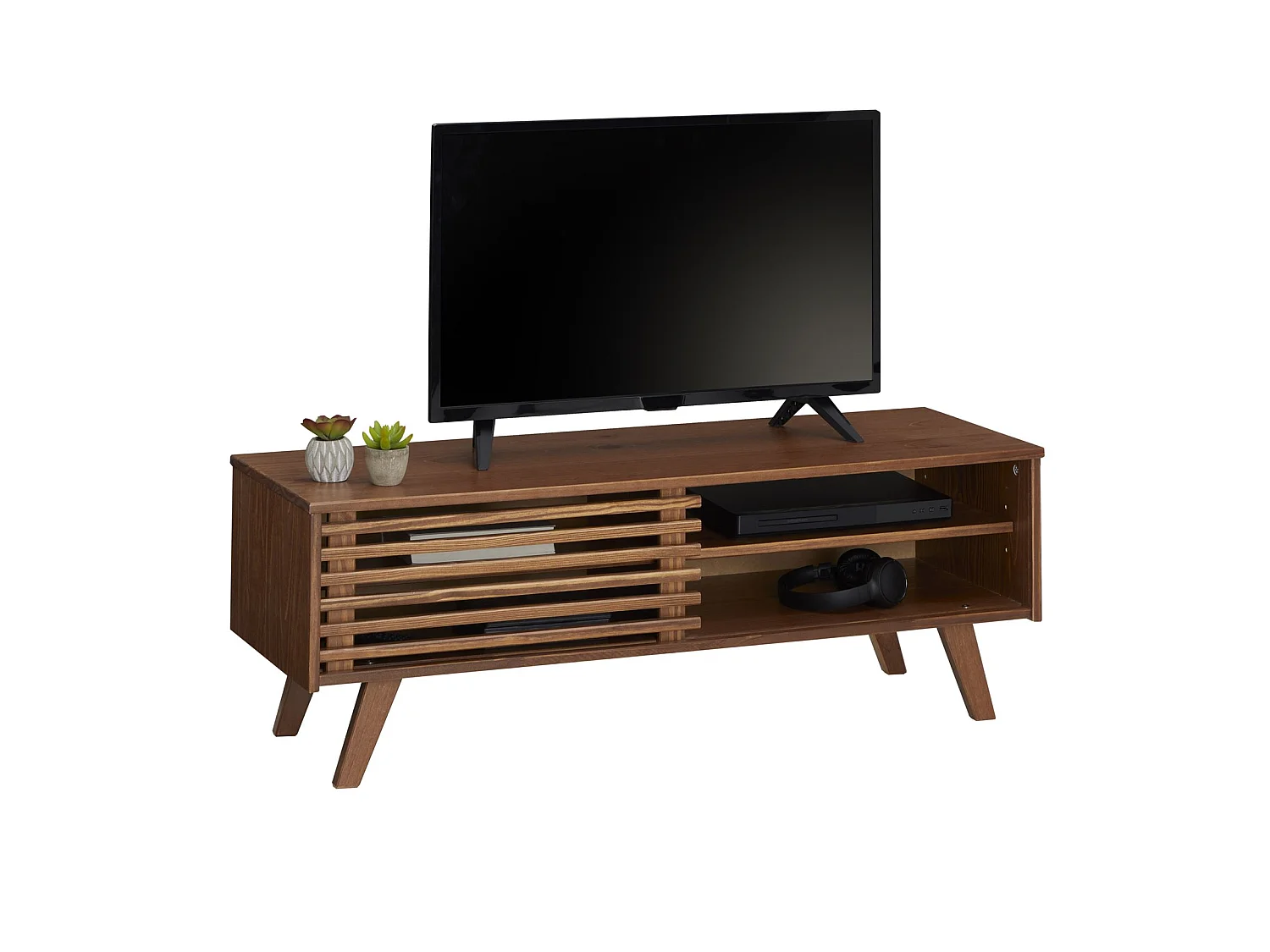 Meuble TV SEAN banc télé de 115 cm au design vintage avec 4 niches et 1 porte coulissante ajourée, en pin massif lasuré brun foncé