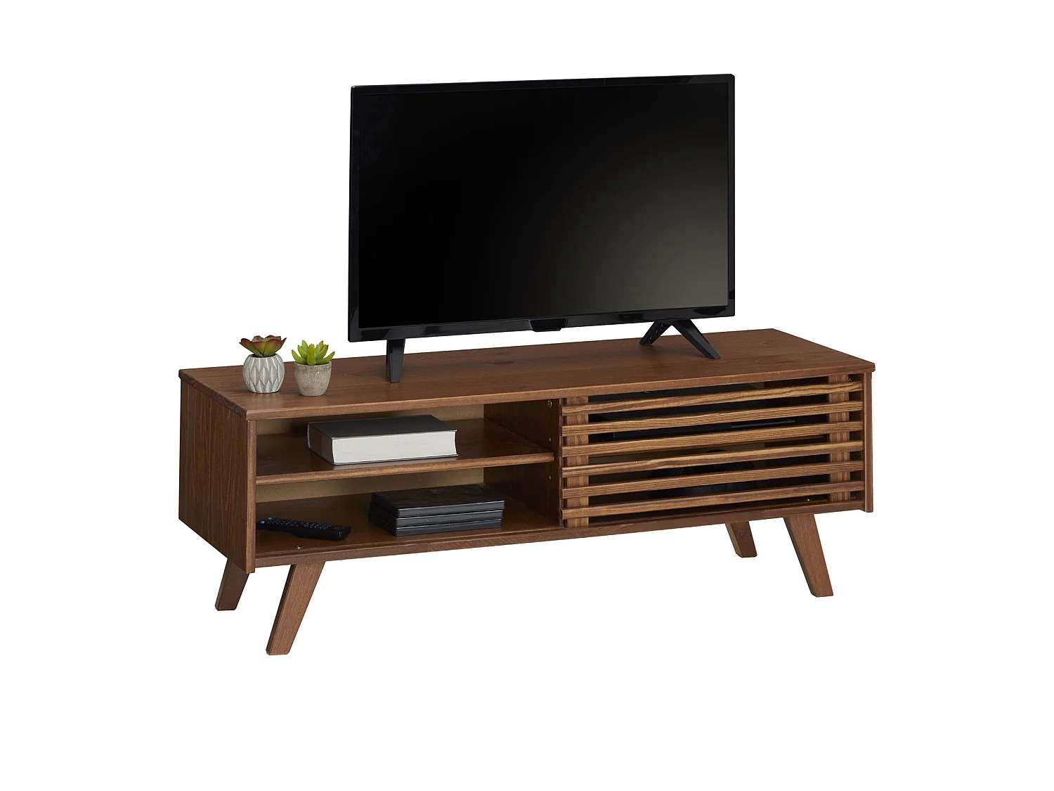 Meuble TV SEAN banc télé de 115 cm au design vintage avec 4 niches et 1 porte coulissante ajourée, en pin massif lasuré brun foncé