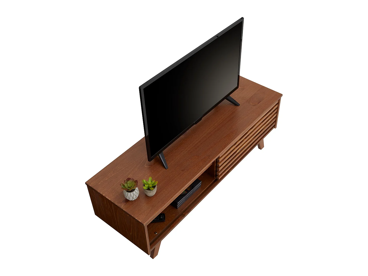 Meuble TV SEAN banc télé de 115 cm au design vintage avec 4 niches et 1 porte coulissante ajourée, en pin massif lasuré brun foncé