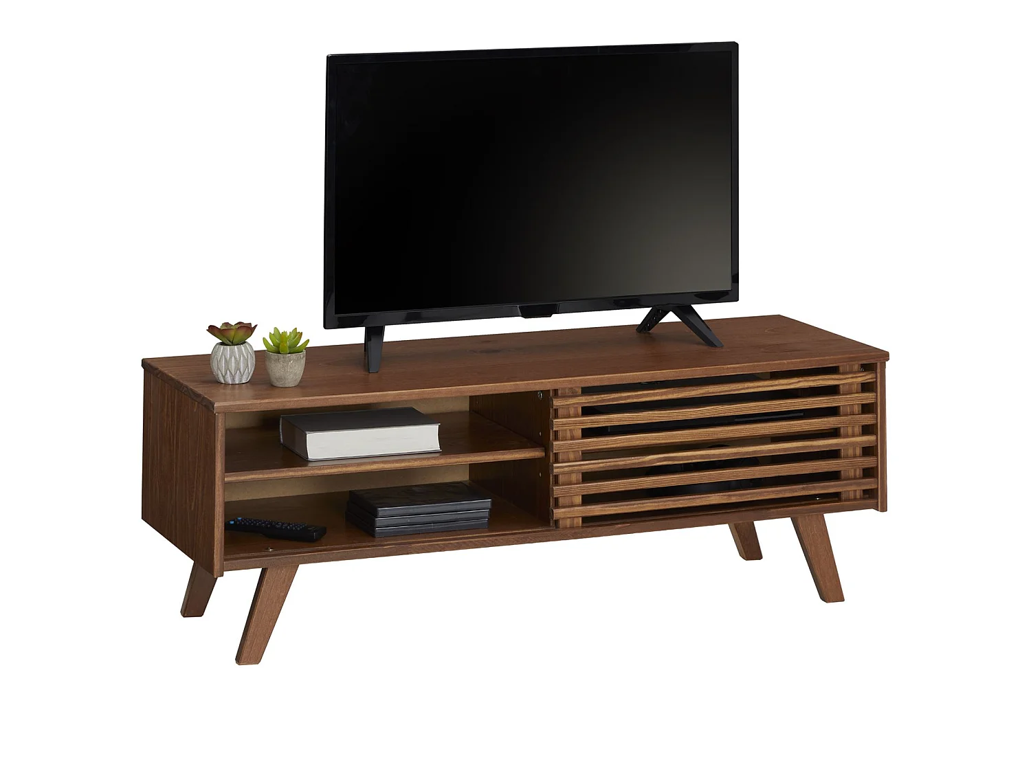 Meuble TV SEAN banc télé de 115 cm au design vintage avec 4 niches et 1 porte coulissante ajourée, en pin massif lasuré brun foncé