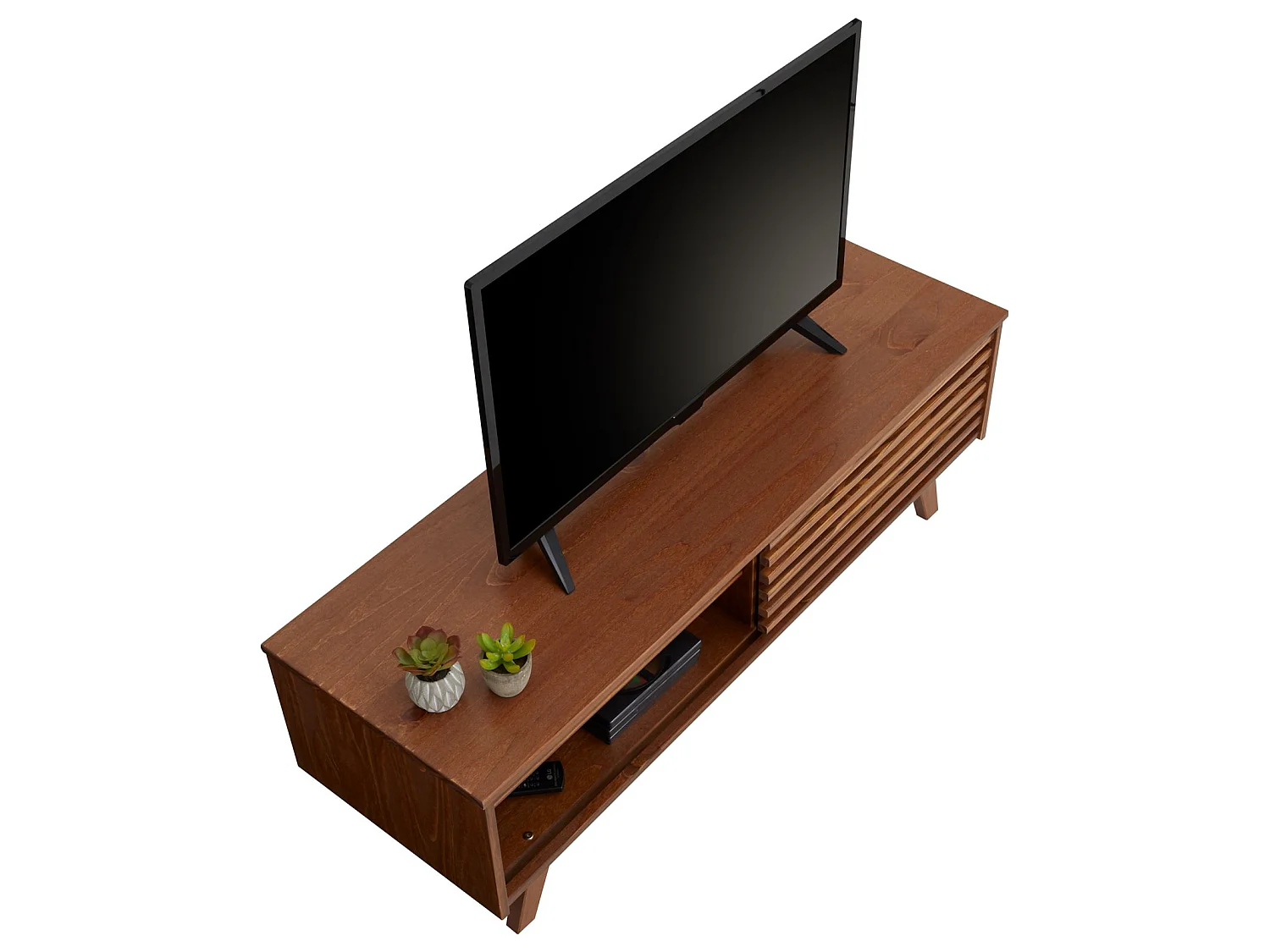 Meuble TV SEAN banc télé de 115 cm au design vintage avec 4 niches et 1 porte coulissante ajourée, en pin massif lasuré brun foncé