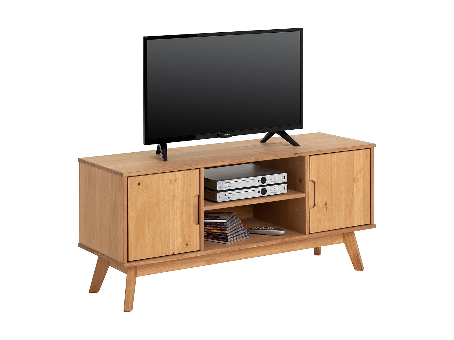Meuble TV TIVOLI L 114 cm en bois massif finition laquée avec 2 portes et 2 niches, pour télé jusqu'à 127 cm