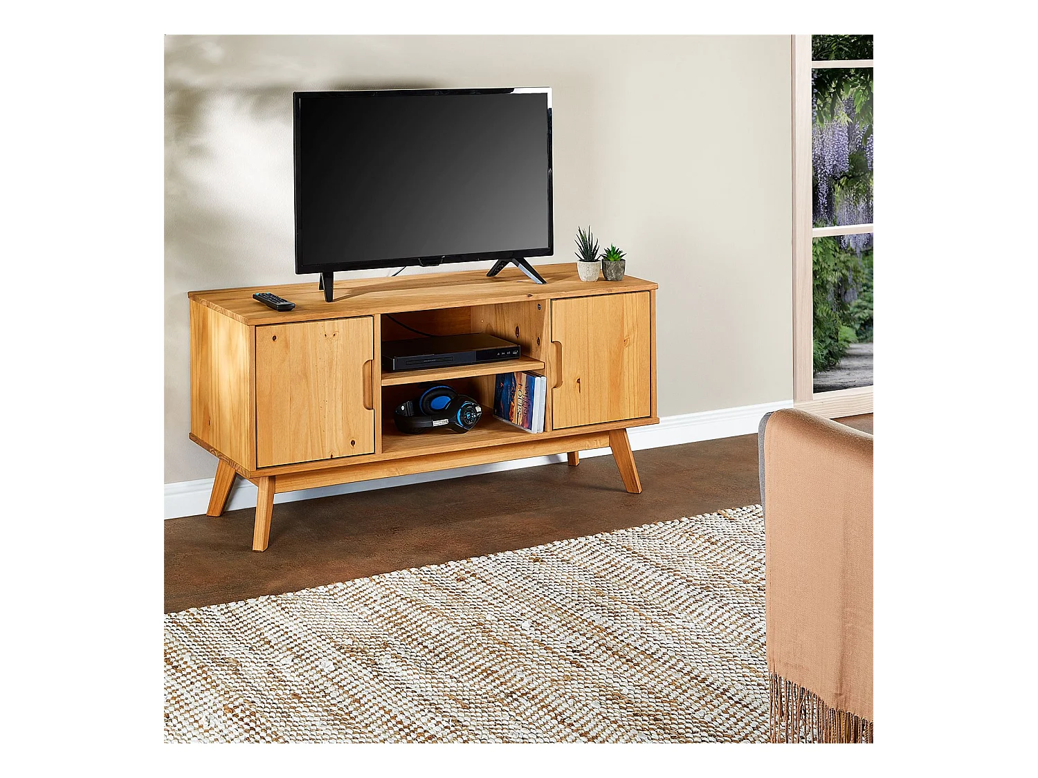 Meuble TV TIVOLI L 114 cm en bois massif finition laquée avec 2 portes et 2 niches, pour télé jusqu'à 127 cm
