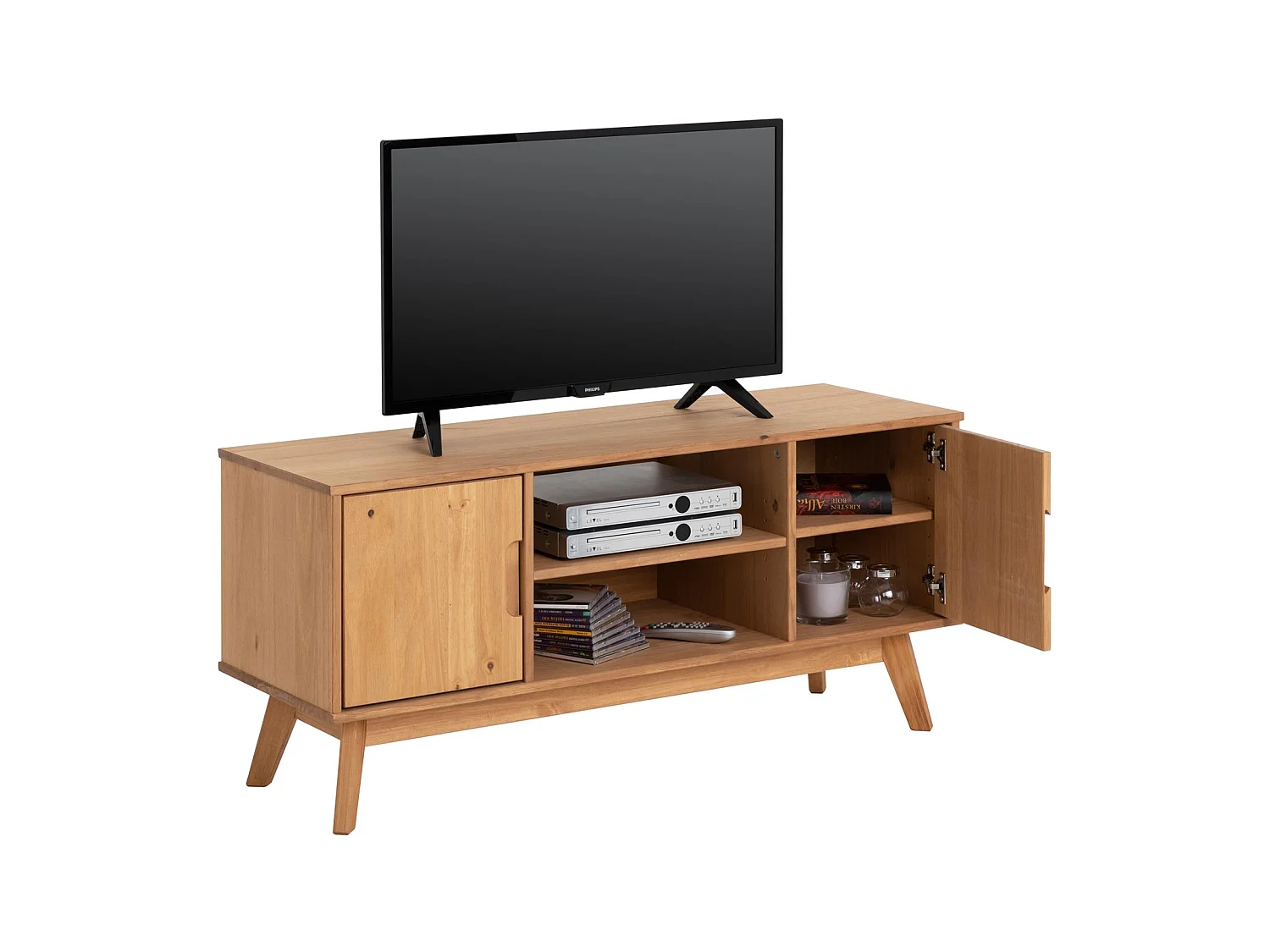 Meuble TV TIVOLI L 114 cm en bois massif finition laquée avec 2 portes et 2 niches, pour télé jusqu'à 127 cm