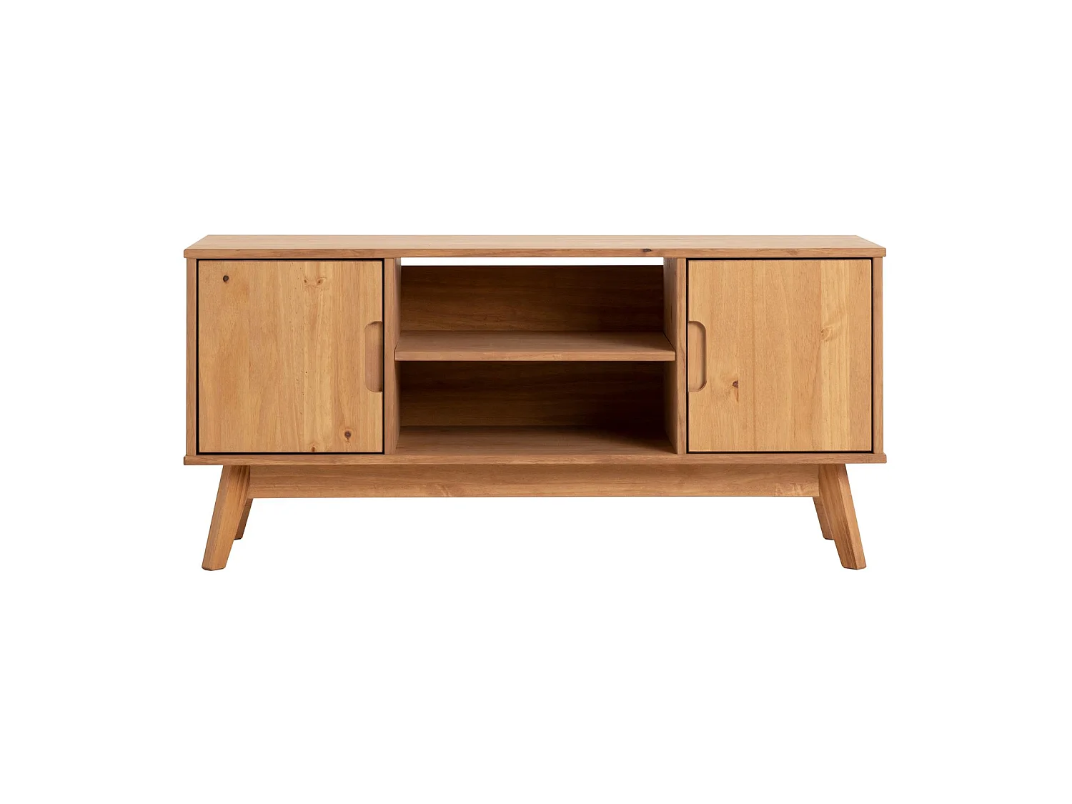 Meuble TV TIVOLI L 114 cm en bois massif finition laquée avec 2 portes et 2 niches, pour télé jusqu'à 127 cm