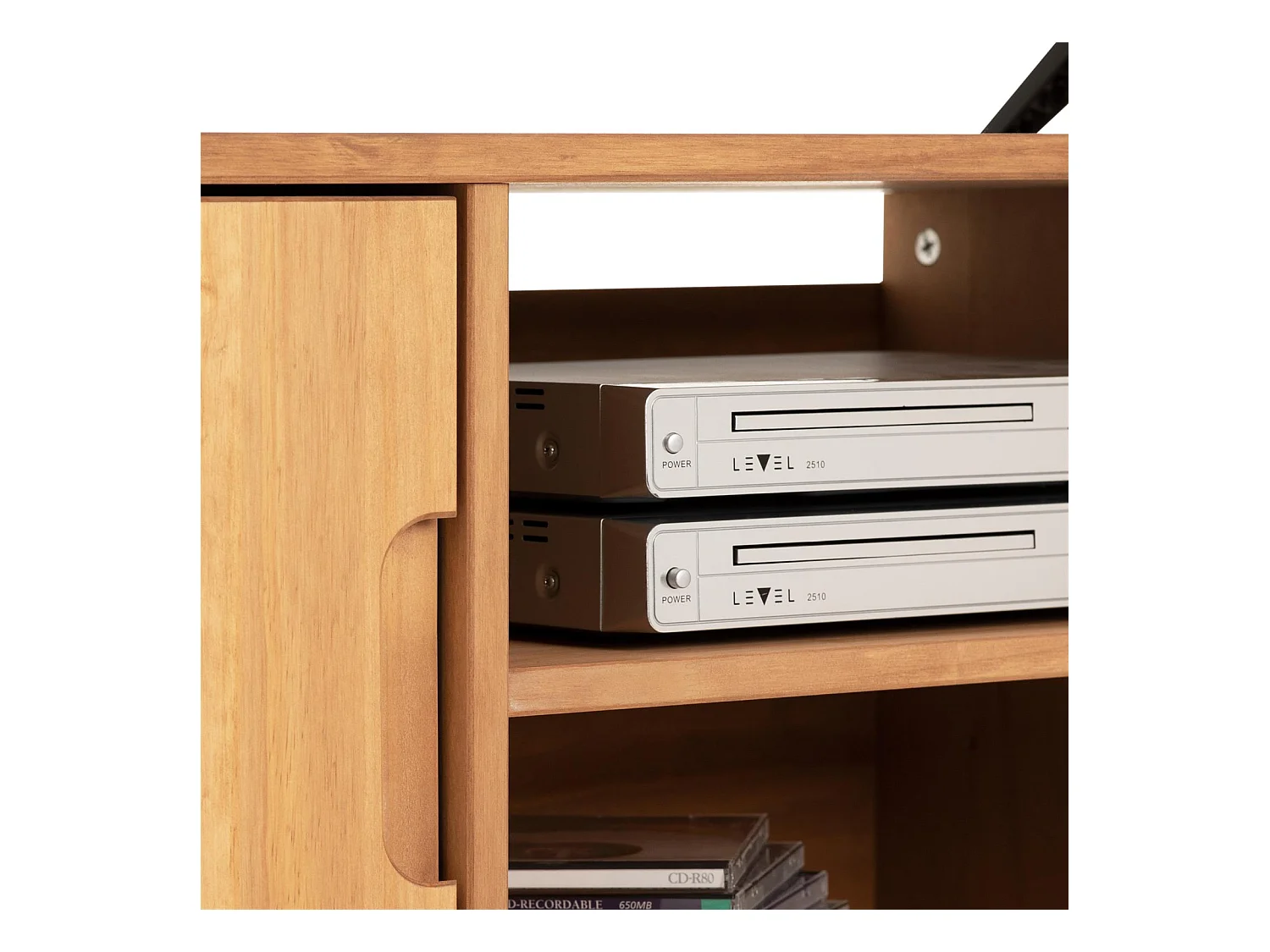 Meuble TV TIVOLI L 114 cm en bois massif finition laquée avec 2 portes et 2 niches, pour télé jusqu'à 127 cm