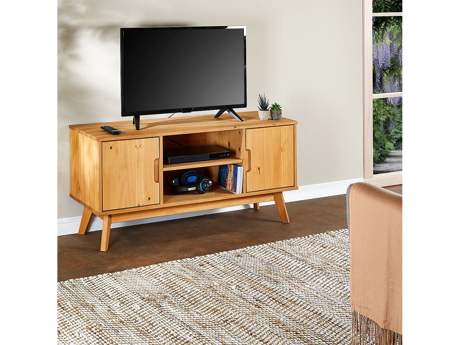 Meuble TV TIVOLI L 114 cm en bois massif finition laquée avec 2 portes et 2 niches, pour télé jusqu'à 127 cm
