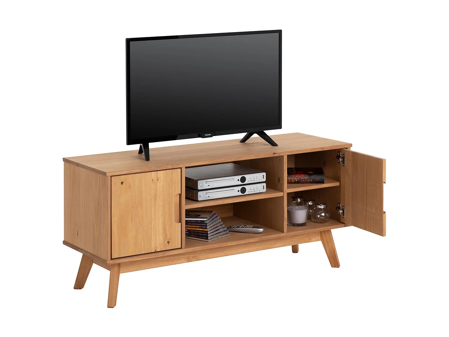 Meuble TV TIVOLI L 114 cm en bois massif finition laquée avec 2 portes et 2 niches, pour télé jusqu'à 127 cm