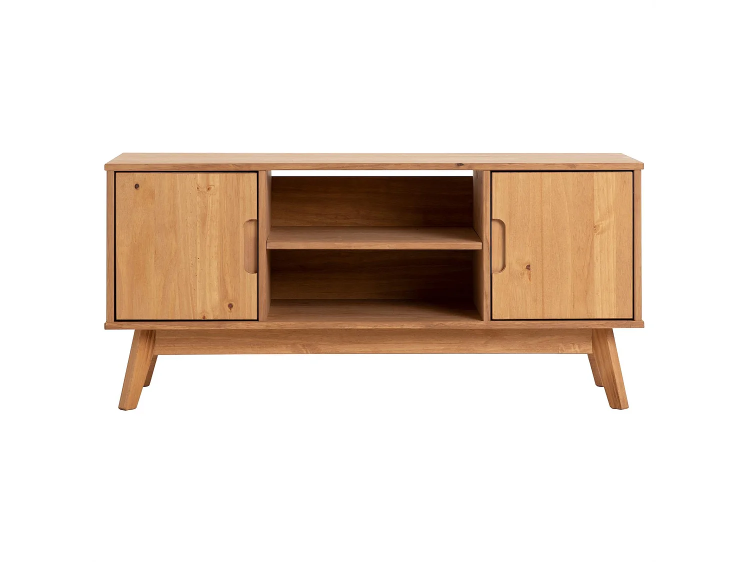 Meuble TV TIVOLI L 114 cm en bois massif finition laquée avec 2 portes et 2 niches, pour télé jusqu'à 127 cm