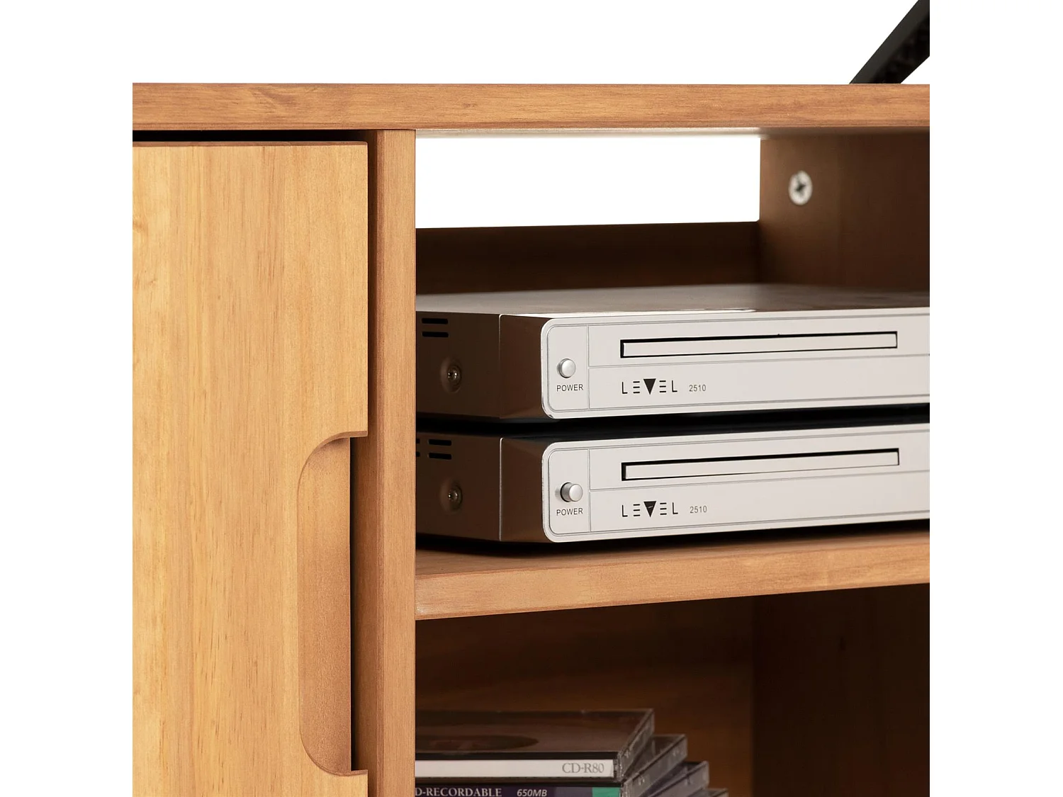 Meuble TV TIVOLI L 114 cm en bois massif finition laquée avec 2 portes et 2 niches, pour télé jusqu'à 127 cm