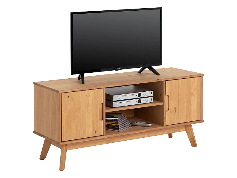 Meuble TV TIVOLI L 114 cm en bois massif finition laquée avec 2 portes et 2 niches, pour télé jusqu'à 127 cm