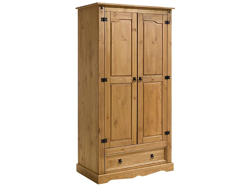 Armoire TEQUILA penderie pour vêtements style mexicain avec 2 portes 1 étagère 1 tiroir, en pin massif finition teintée/cirée