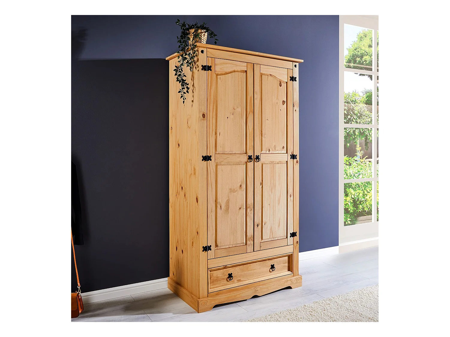 Armoire TEQUILA penderie pour vêtements style mexicain avec 2 portes 1 étagère 1 tiroir, en pin massif finition teintée/cirée