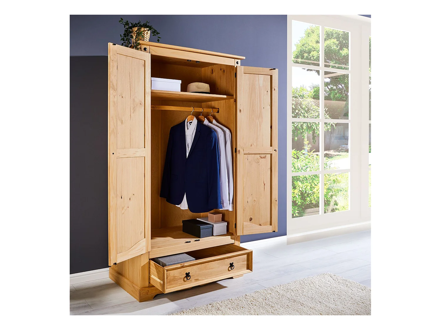 Armoire TEQUILA penderie pour vêtements style mexicain avec 2 portes 1 étagère 1 tiroir, en pin massif finition teintée/cirée