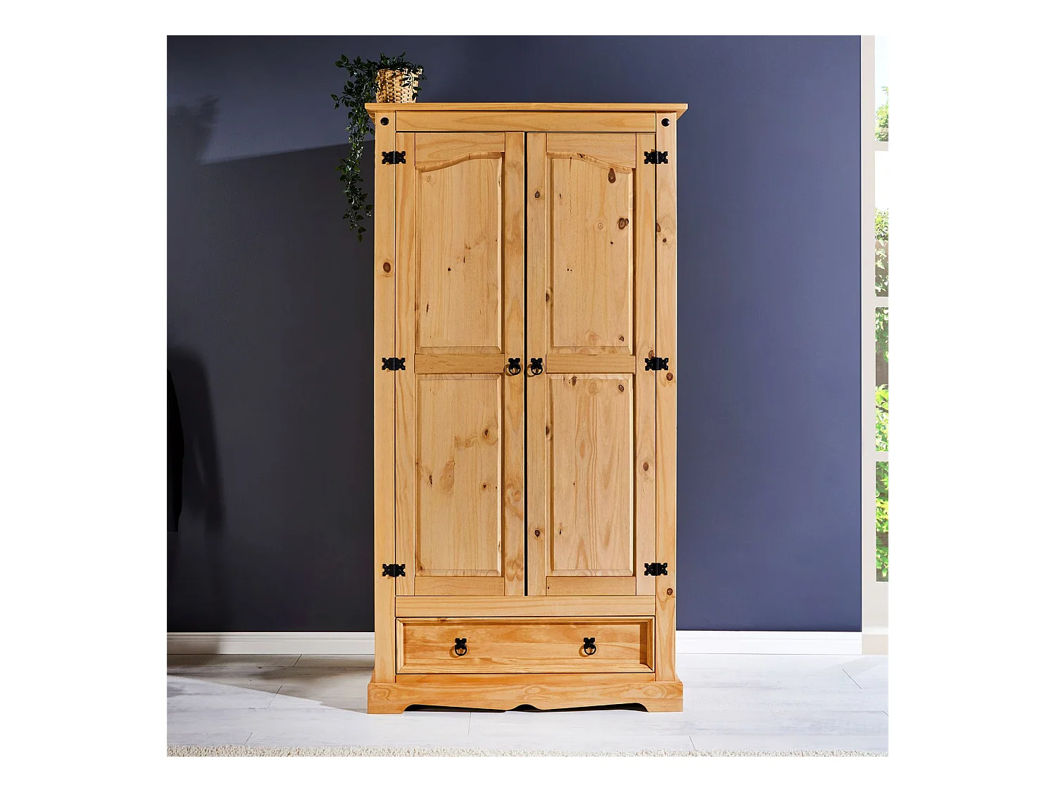 Armoire TEQUILA penderie pour vêtements style mexicain avec 2 portes 1 étagère 1 tiroir, en pin massif finition teintée/cirée