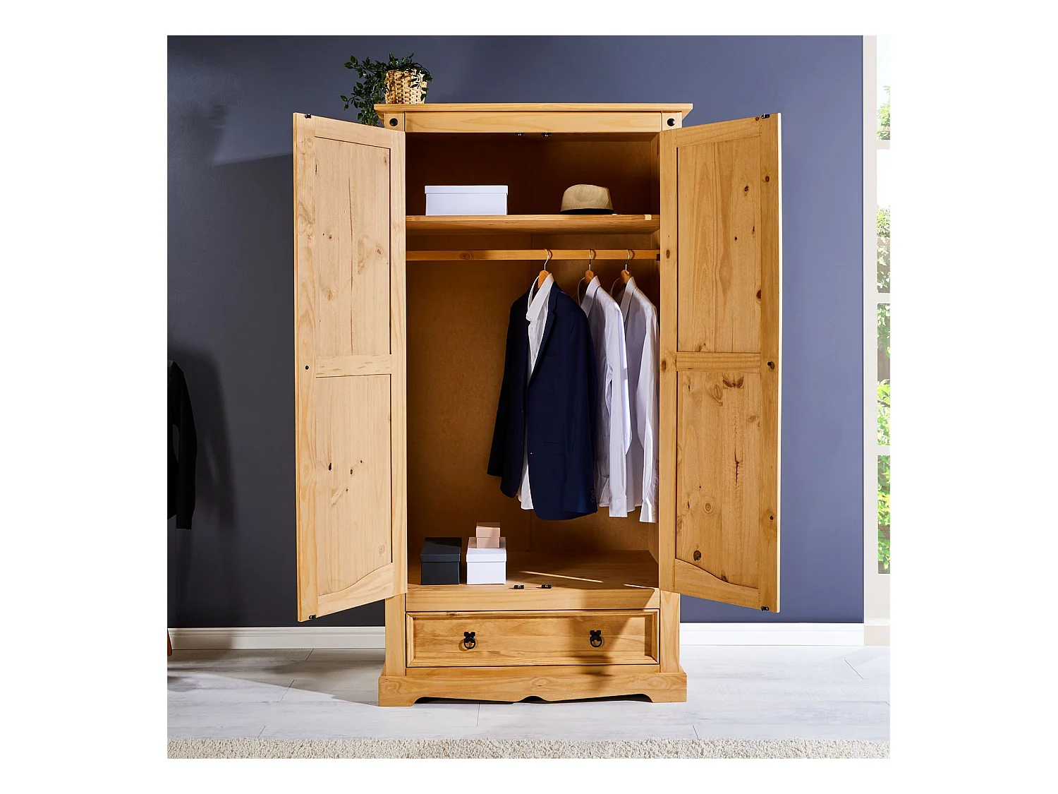 Armoire TEQUILA penderie pour vêtements style mexicain avec 2 portes 1 étagère 1 tiroir, en pin massif finition teintée/cirée