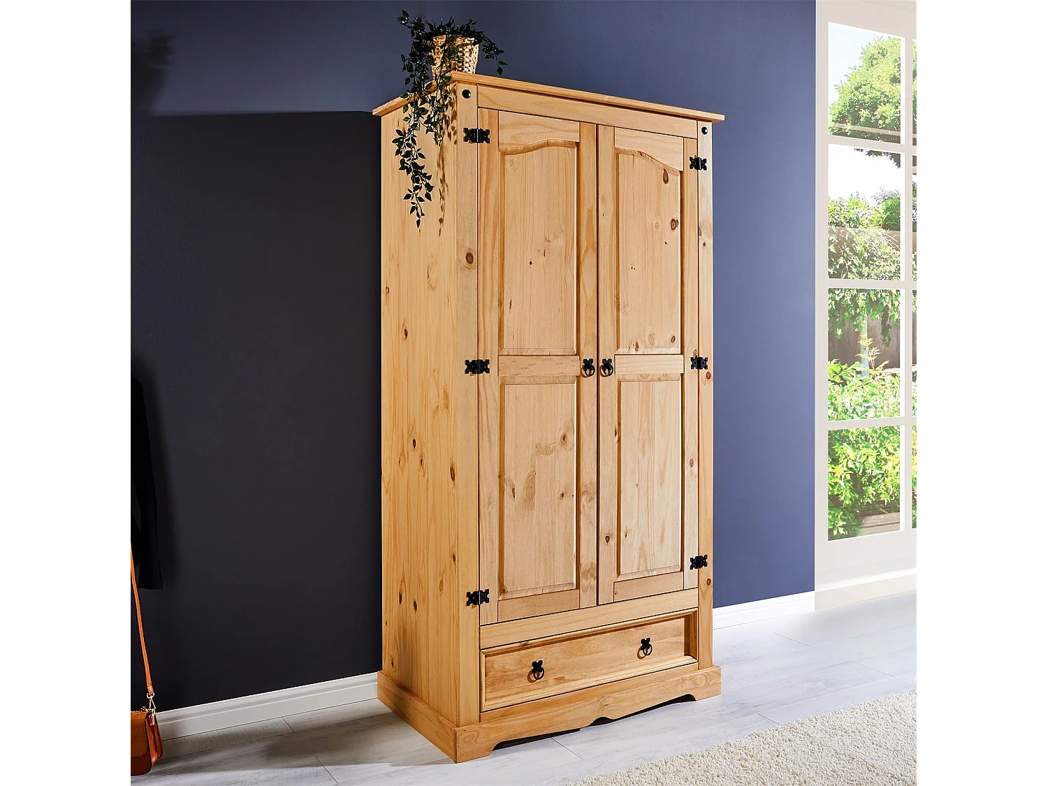 Armoire TEQUILA penderie pour vêtements style mexicain avec 2 portes 1 étagère 1 tiroir, en pin massif finition teintée/cirée