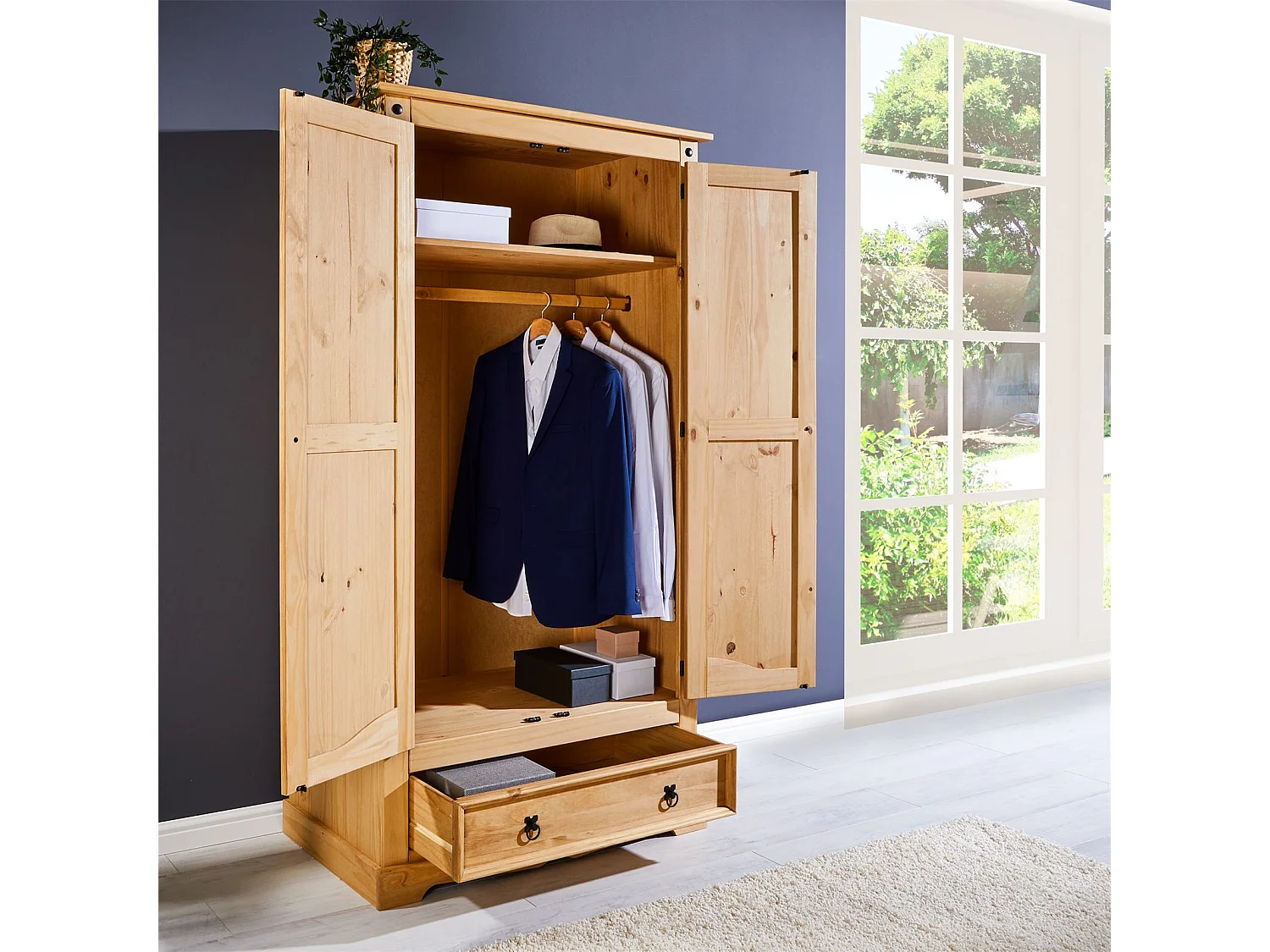 Armoire TEQUILA penderie pour vêtements style mexicain avec 2 portes 1 étagère 1 tiroir, en pin massif finition teintée/cirée