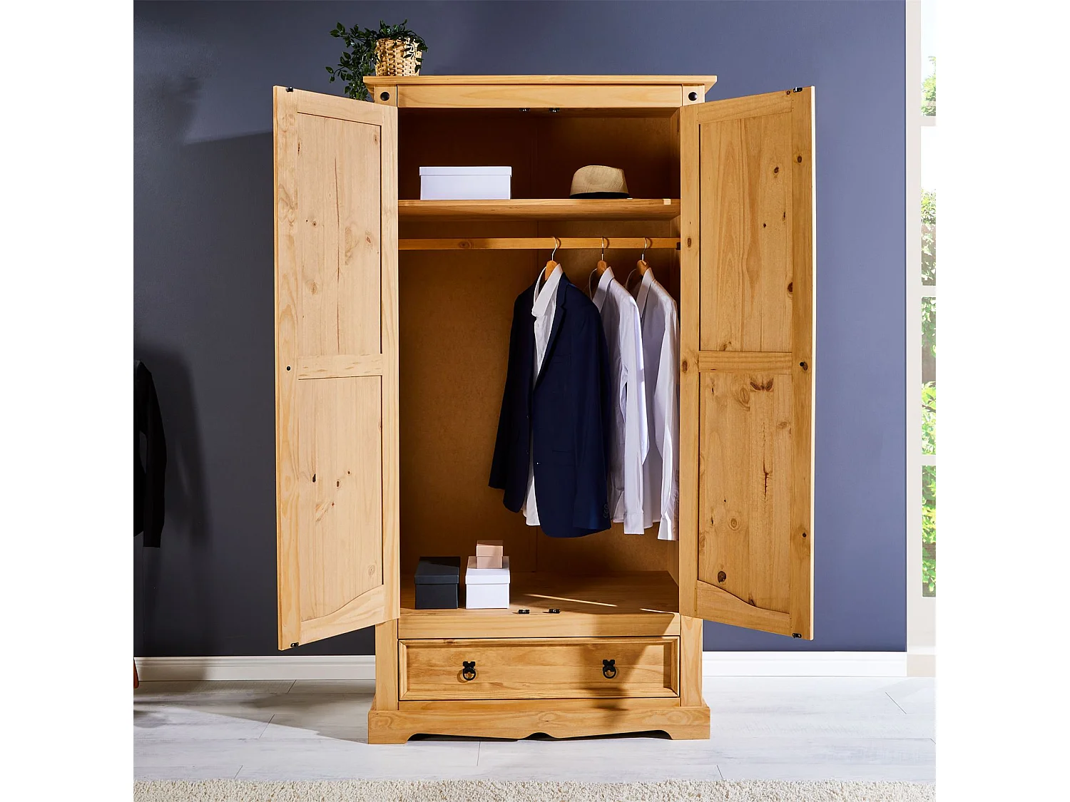 Armoire TEQUILA penderie pour vêtements style mexicain avec 2 portes 1 étagère 1 tiroir, en pin massif finition teintée/cirée