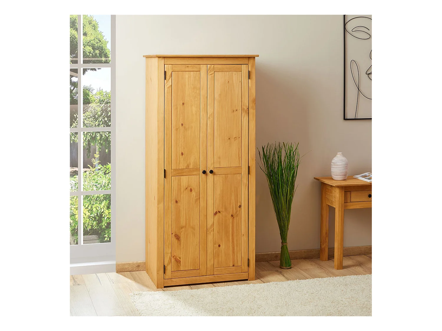 Armoire CANCUN penderie avec 1 étagère derrière 2 portes battantes, en pin massif finition teintée/cirée