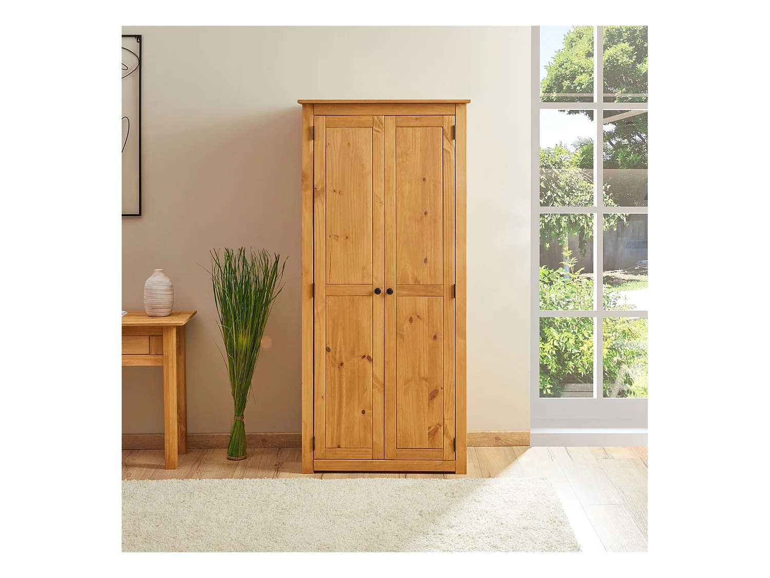 Armoire CANCUN penderie avec 1 étagère derrière 2 portes battantes, en pin massif finition teintée/cirée