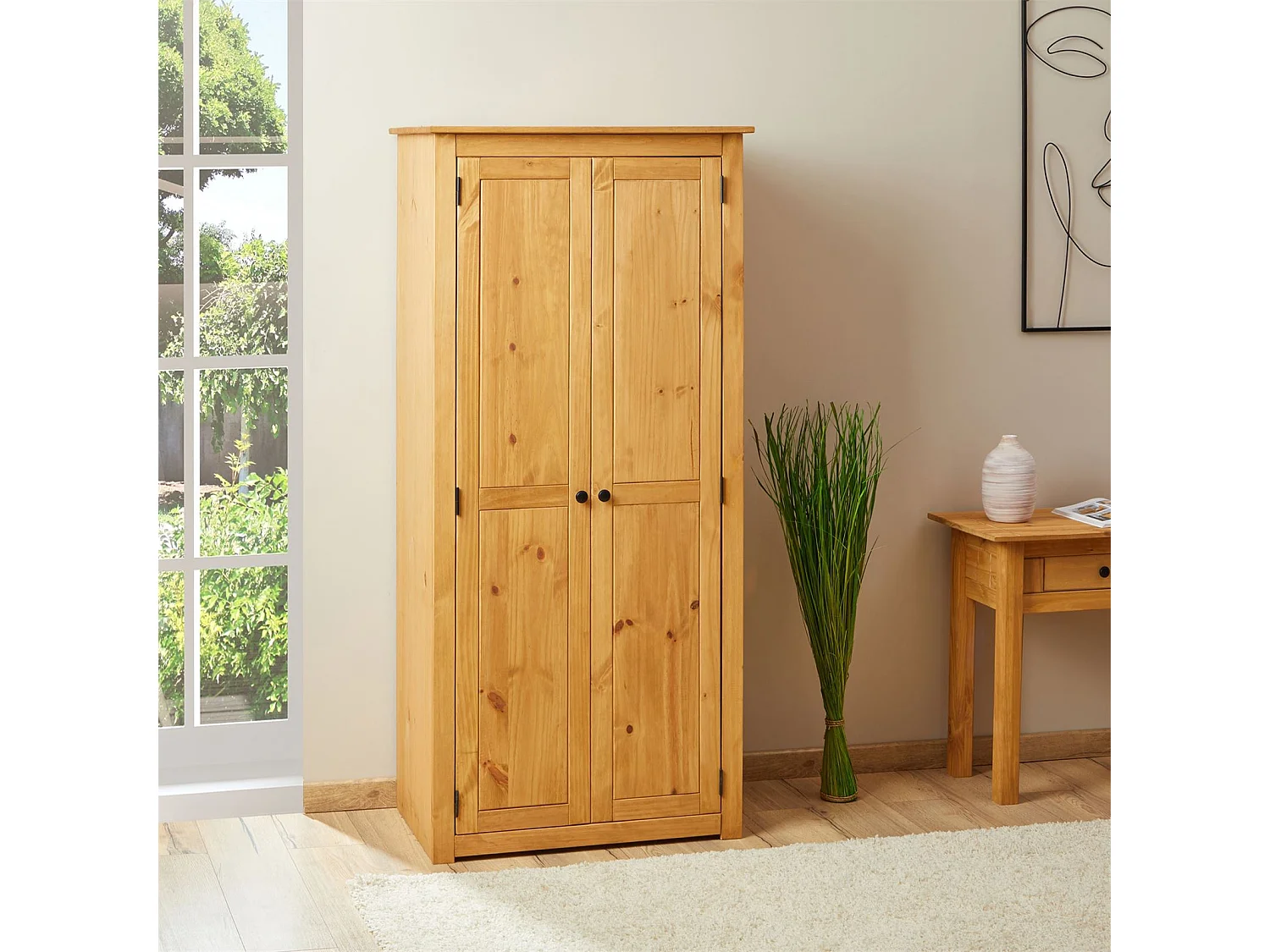 Armoire CANCUN penderie avec 1 étagère derrière 2 portes battantes, en pin massif finition teintée/cirée