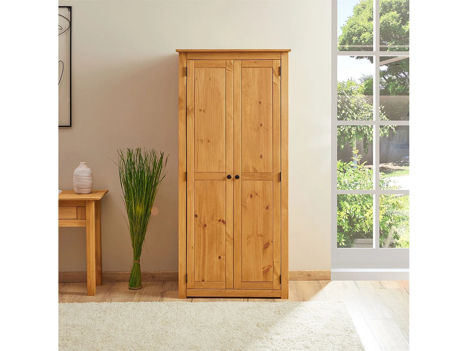 Armoire CANCUN penderie avec 1 étagère derrière 2 portes battantes, en pin massif finition teintée/cirée