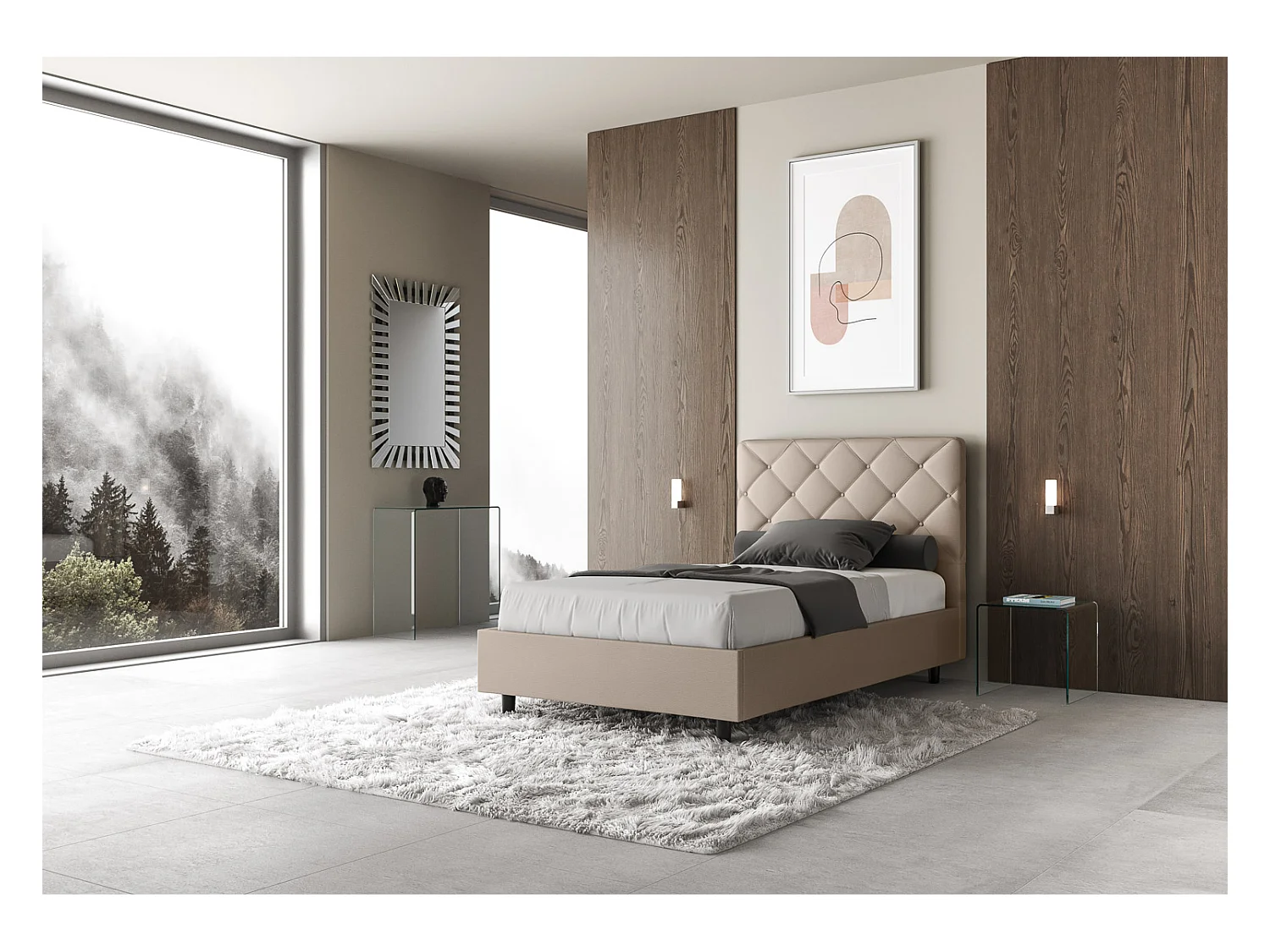 Lit coffre rembourrée 140x190 similicuir taupe Priya