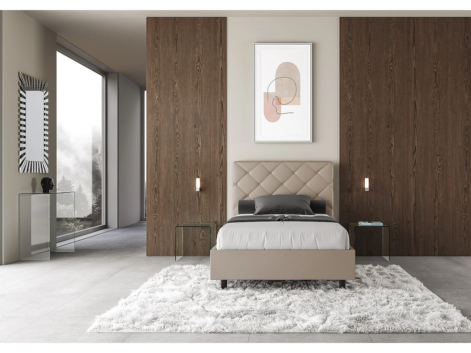 Cama italiana para adultos acolchada en piel sintética Paryse-Color Beige claro-Ropa de cama 140x190 cm-Opción Con base y caja